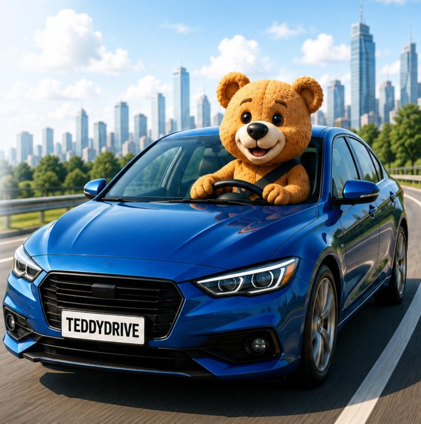 Teddy bear wearing a clearly visible diagonal shoulder seat belt while driving